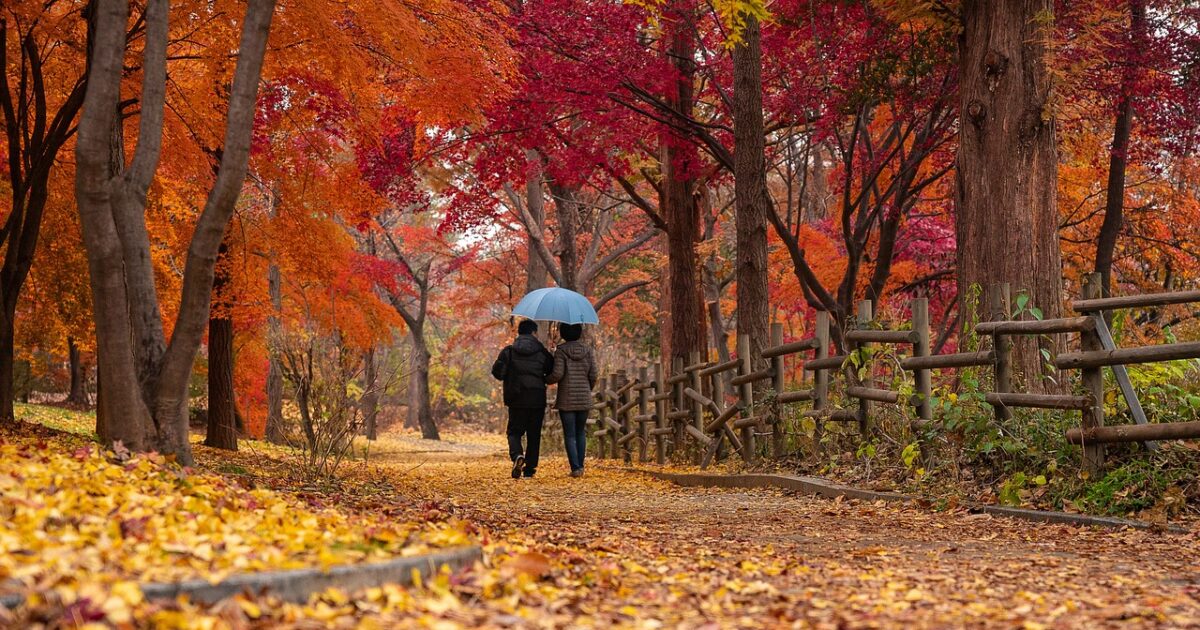 A fase da espera. Casal unido caminhando juntos em uma linda paisagem de outono.
